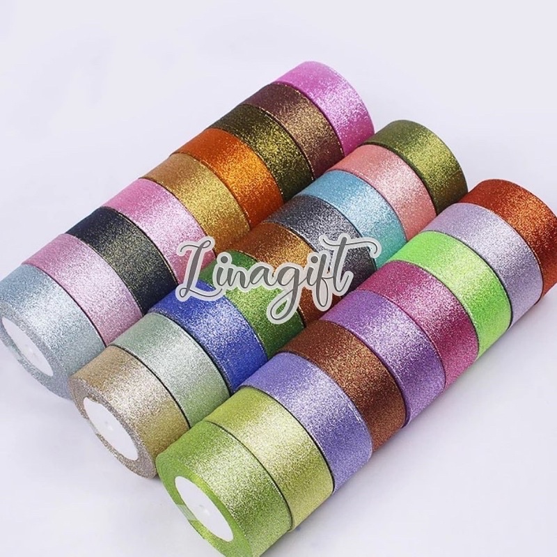( Rol 20 Yard ) PITA METALLIC GLITTER 1 IN ( 2.5 CM ) 1 INCH METALIC GLITTER - PITA METALIK GLITER - HIASAN KADO NATAL / PARCEL HAMPERS SOUVENIR MERAH BIRU UNGU HITAM / RED PINK BLUE PURPLE - FANCY SILVER SHINY GLOSSY