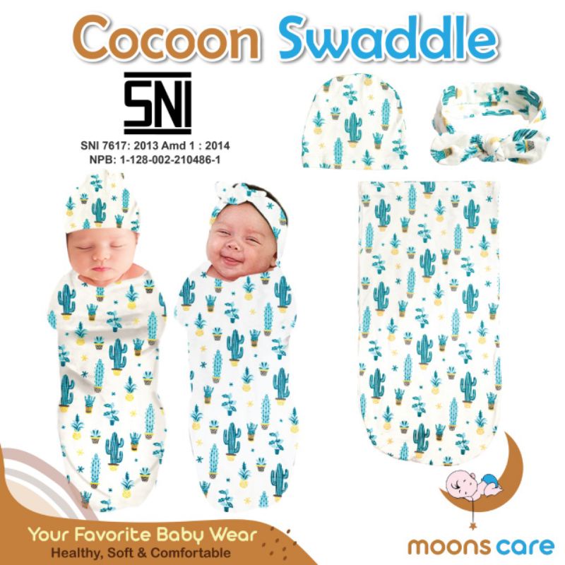 SNI [Perlengkapanbayimurah] Bedong Cocoon MOTIF Dita Moons Care Swaddle 1 lapis motif Bonus Bandana topi