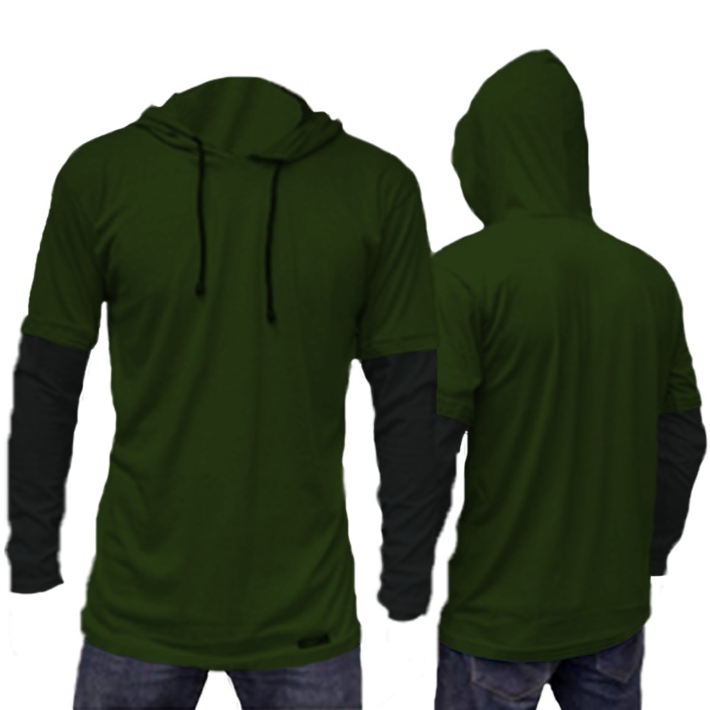 KAOS POLOS HOODIE DOUBLE LAYER LENGAN PANJANG/size m,l,xl /pria/wanita/terlaris /termurah/terbaru/bandung-hijau army+hitam