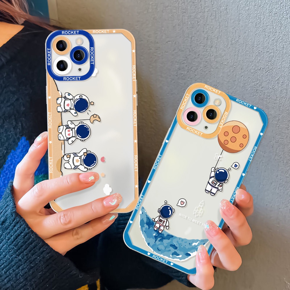 Soft Case TPU Transparan Motif Kartun Astronot Untuk iPhone 13 12 11 Pro MAX XS MAX XR X 7 8 Plus SE 2020