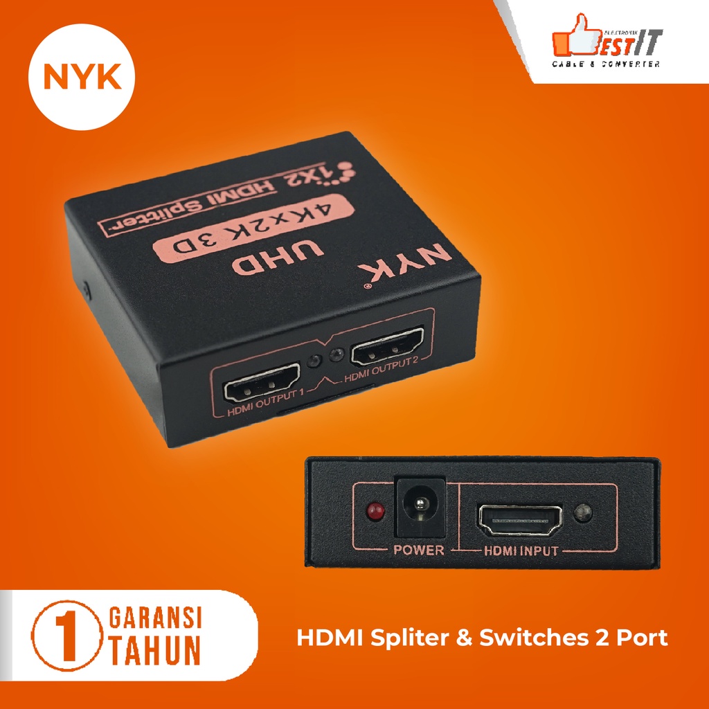 HDMI Splitter NYK 2 Port 1080P UHD -Splitter HDMI 1-2 Plus Adaptor NYK
