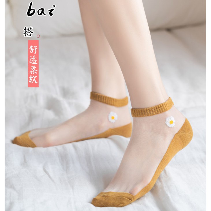 MSTH * Kaos Kaki Pendek Transparan Motif Bunga Daisy / Kaos Kaki Wanita Bunga Korea / Kaos Kaki Tranparan
