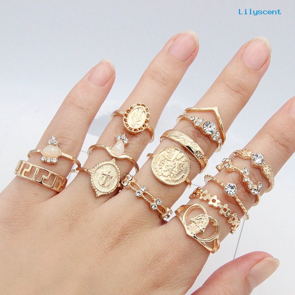 15 Pcs Cincin Knuckle Stackable Bahan Alloy Bentuk Hati Model Hollow