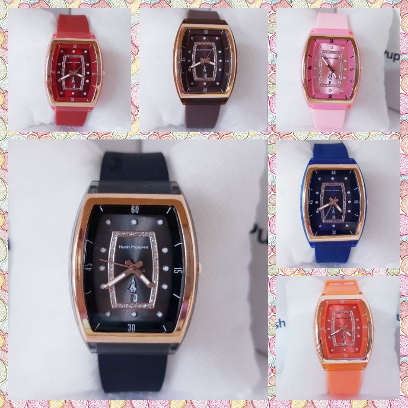 (Terima Cod)Jam Tangan Wanita Fashion Hushpuppies Oval Karet Tanggal Aktif Strap Rubber(Terima Cod)