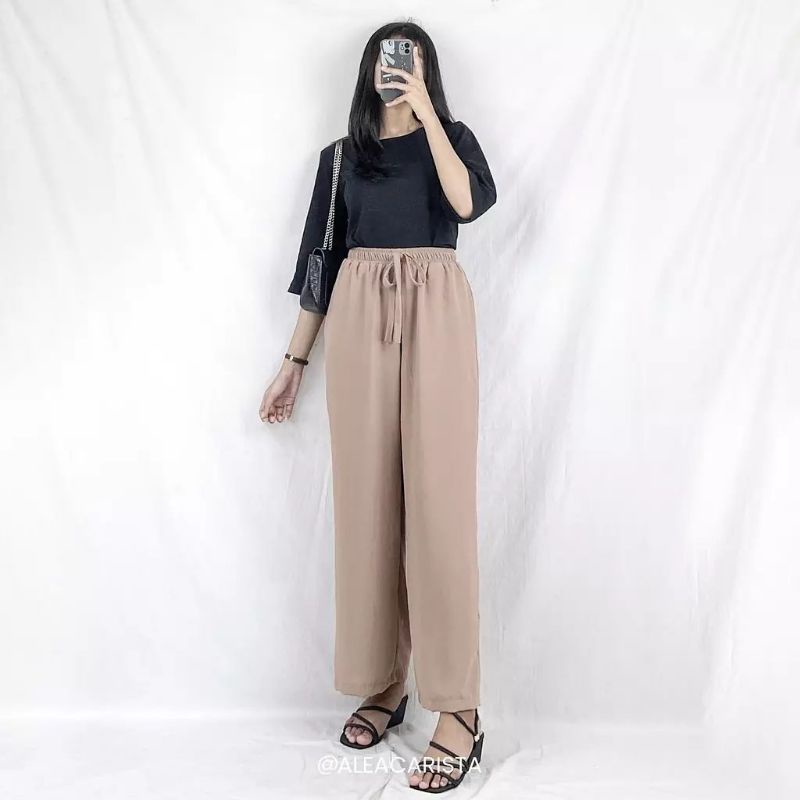 CELANA PANJANG KULOT CRINKLE POLOS WANITA BAHAN RAYON CRINKLE ORIGINAL SIZE JUMBO WARNA HITAM MOCCA 