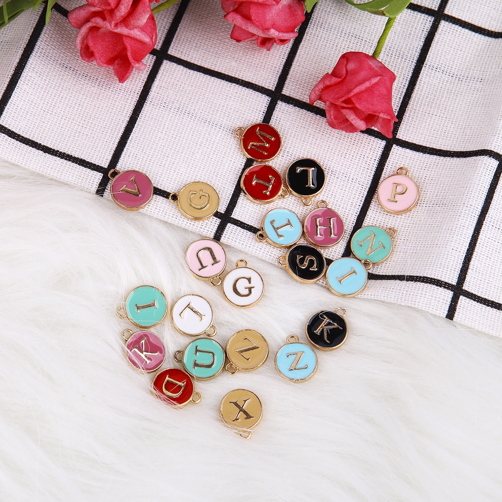 26pcs Alphabet Pendant Alloy &amp; Enamel Charms Round Alphabet Beads Letters Bead Pendants Jewelry Making Accessories DIY 12*14MM