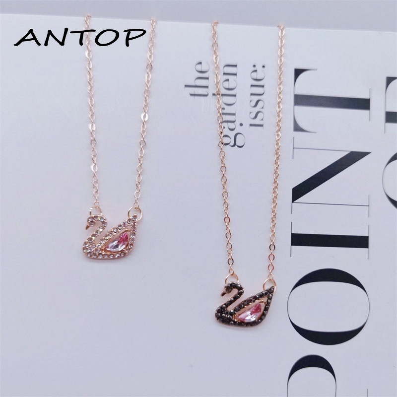 Korea Kalung Rantai Liontin Angsa Warna Pink Berlian Imitasi Untuk Wanita Aksesoris ANTOP