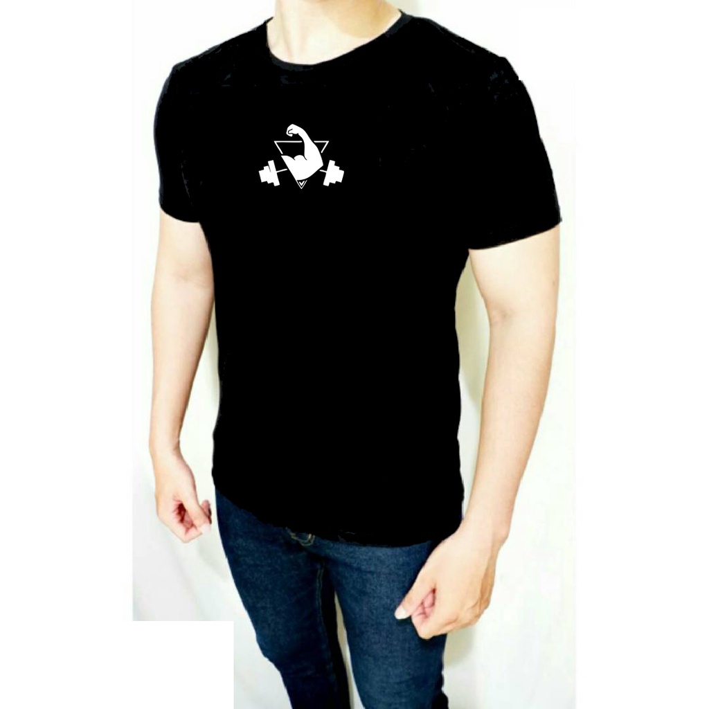 baju gym pria logo otot bisep hitam Kaos Olahraga Pria