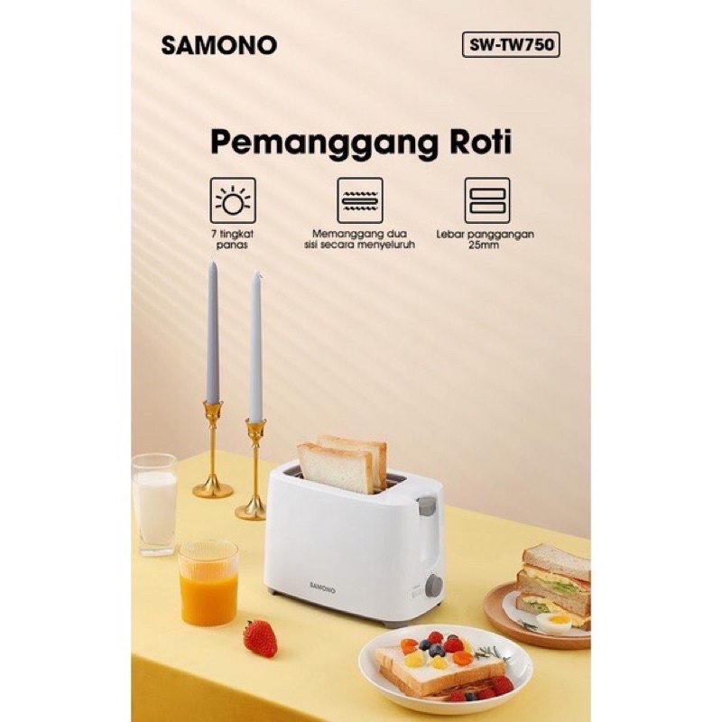 SAMONO SW-TW750 750W Toaster Pemanggang Roti Listrik Bread Toaster 7 Tingkat Panas 2 Sisi