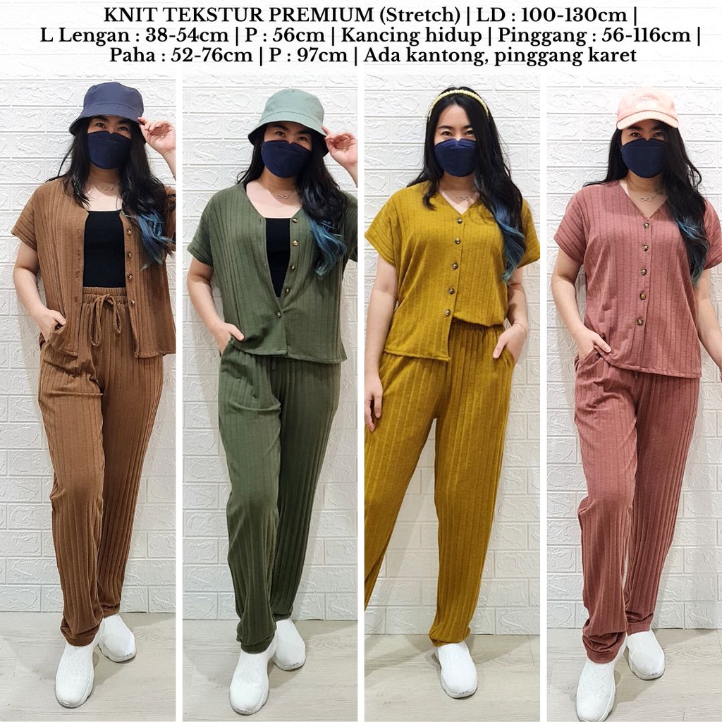 4169 estere long knit button one set polos rib stelan rajut premium