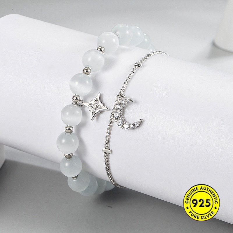 Gelang Tali Elastis Hias Manik-Manik Opal Bintang Bulan Bahan S925 Silver Stackable Untuk Perempuan