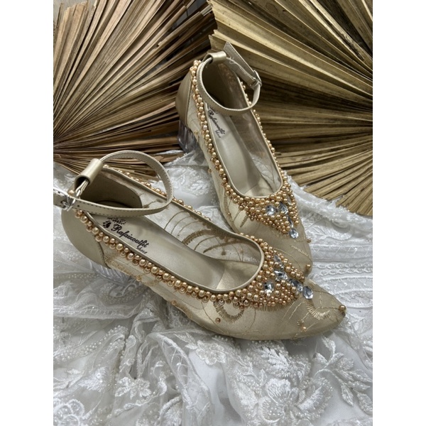 sepatu wedding wanita sayfira gold tali 5cm kaca