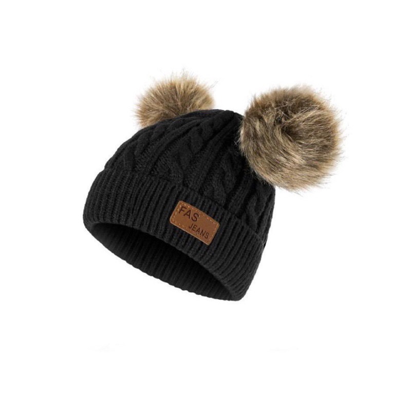 topi rajut pom pom - kupluk bayi premium- accecoris anak bayi-HITAM