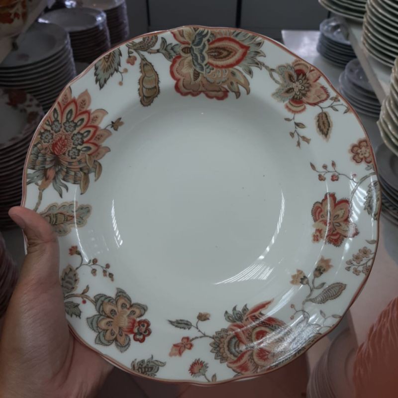 RED FLOWER SOUP PLATE PIRING CEKUNG PIRING MAKAN KERAMIK SANGO MOTIF BUNGA VINTAGE JADUL KLASIK