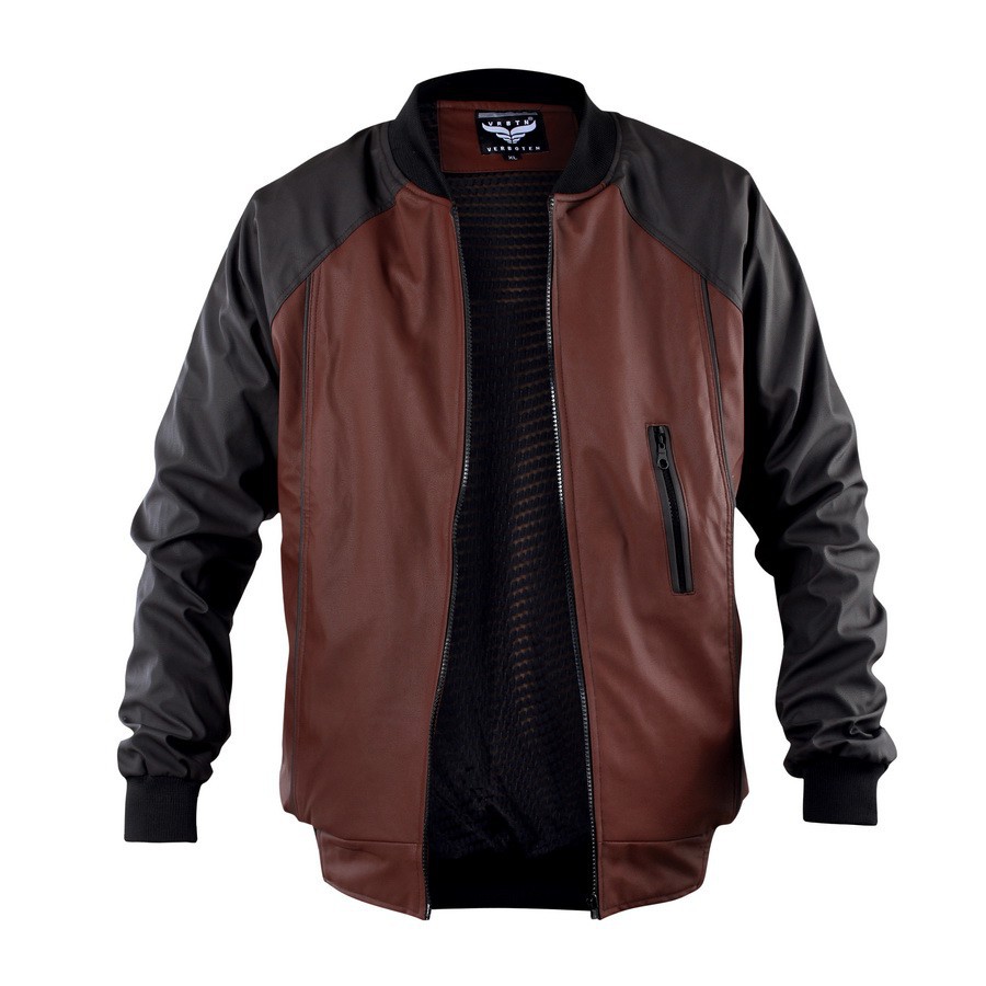 Jaket Kulit Bomber Premium Pria BKRS 018 Anti Air Jacket Motor Distro Original Waterproof cowok Laki laki Semi Kulit Sintetis Karlit Biker Warna Cokelat Hitam Kombinasi ukuran L XL XXL Big size Bandung Tebal Terbaru Keren Murah Bagus Laki laki