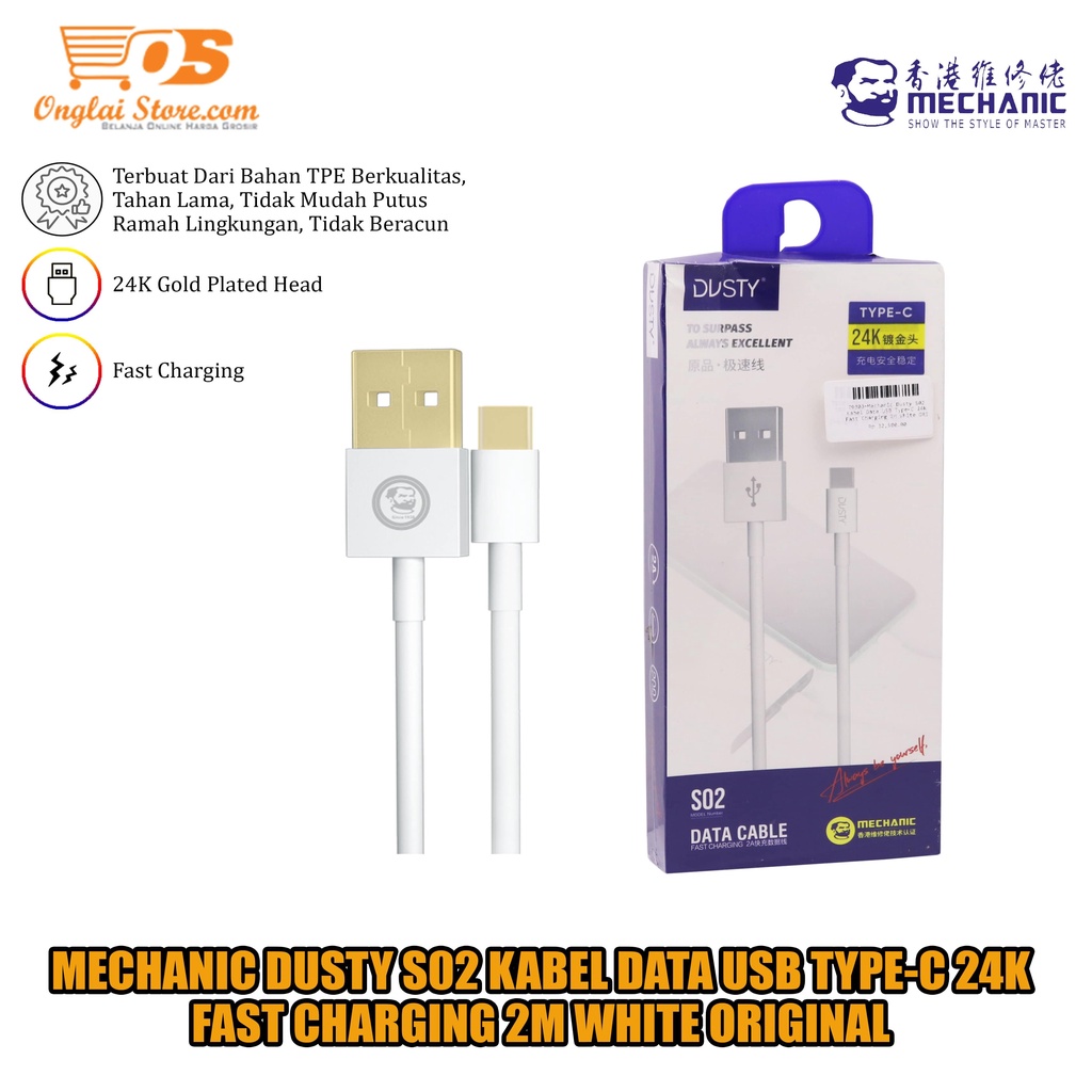 Mechanic Dusty S02T Kabel Data USB Type-C 24K Fast Charging 2M White ORI