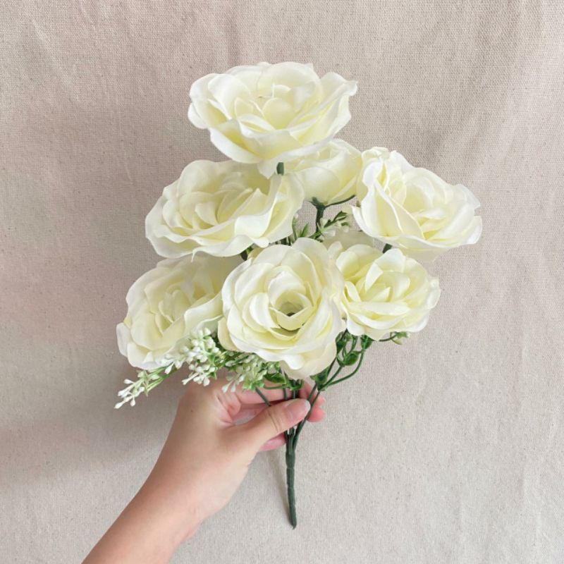 Bunga Mawar Impor Rose Paris Kombinasi x7 (satuan) Bunga Artificial / Bunga Plastik / Bunga Dekorasi-Putih