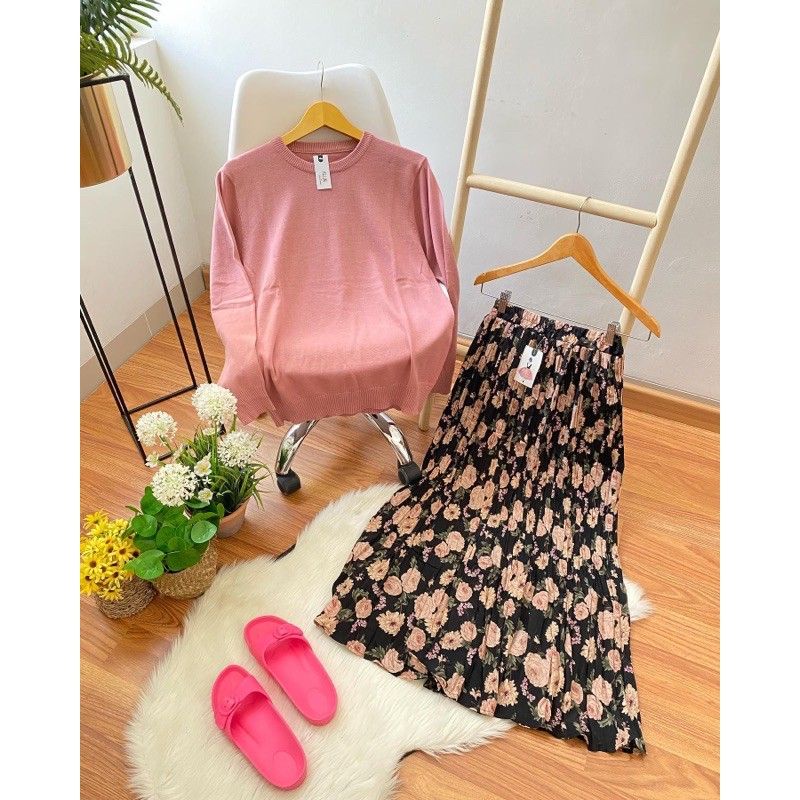 ❤️SIAP KIRIM❤️ Setelan Rok Import / One Set Knitwear Rajut Premium n Rok Import / Rok Bunga Bunga / 
