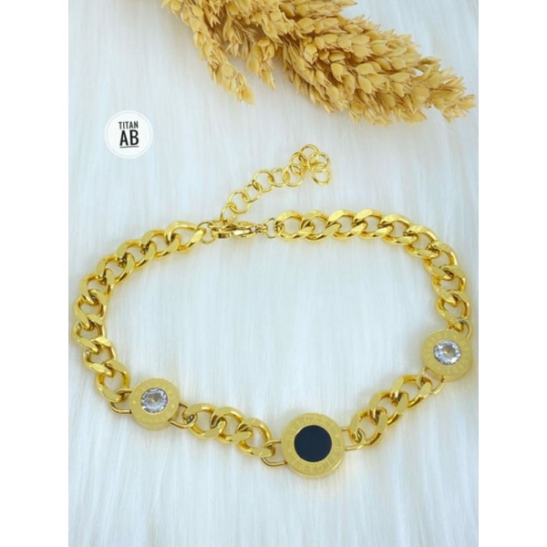 Gelang Tangan Wanita Plat Hitam Dan Permata Putih Titanium N27112103