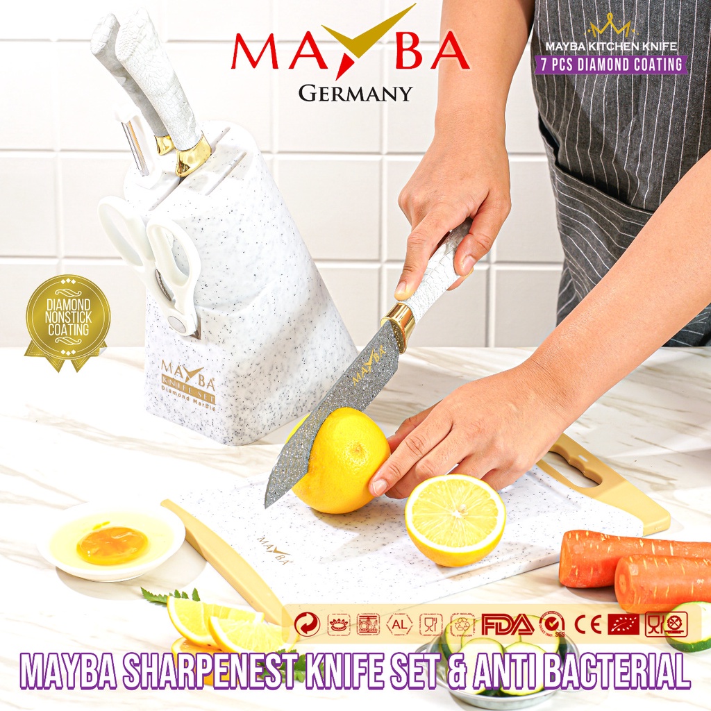 MIZUKITCHEN Pisau Set Diamond 7 PCS MAYBA BEST KNIFE SET WHITE MARBLE +CHOPPING BOARD TERLENGKAP