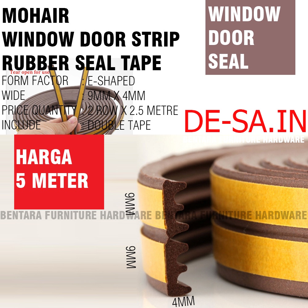 5 METER TIPE-E Moher Window Door Seal Strip COKLAT BROWN Mohair Karet Double Tape Self Adhesive Celah Pintu Jendela EPDM FOAM RUBBER