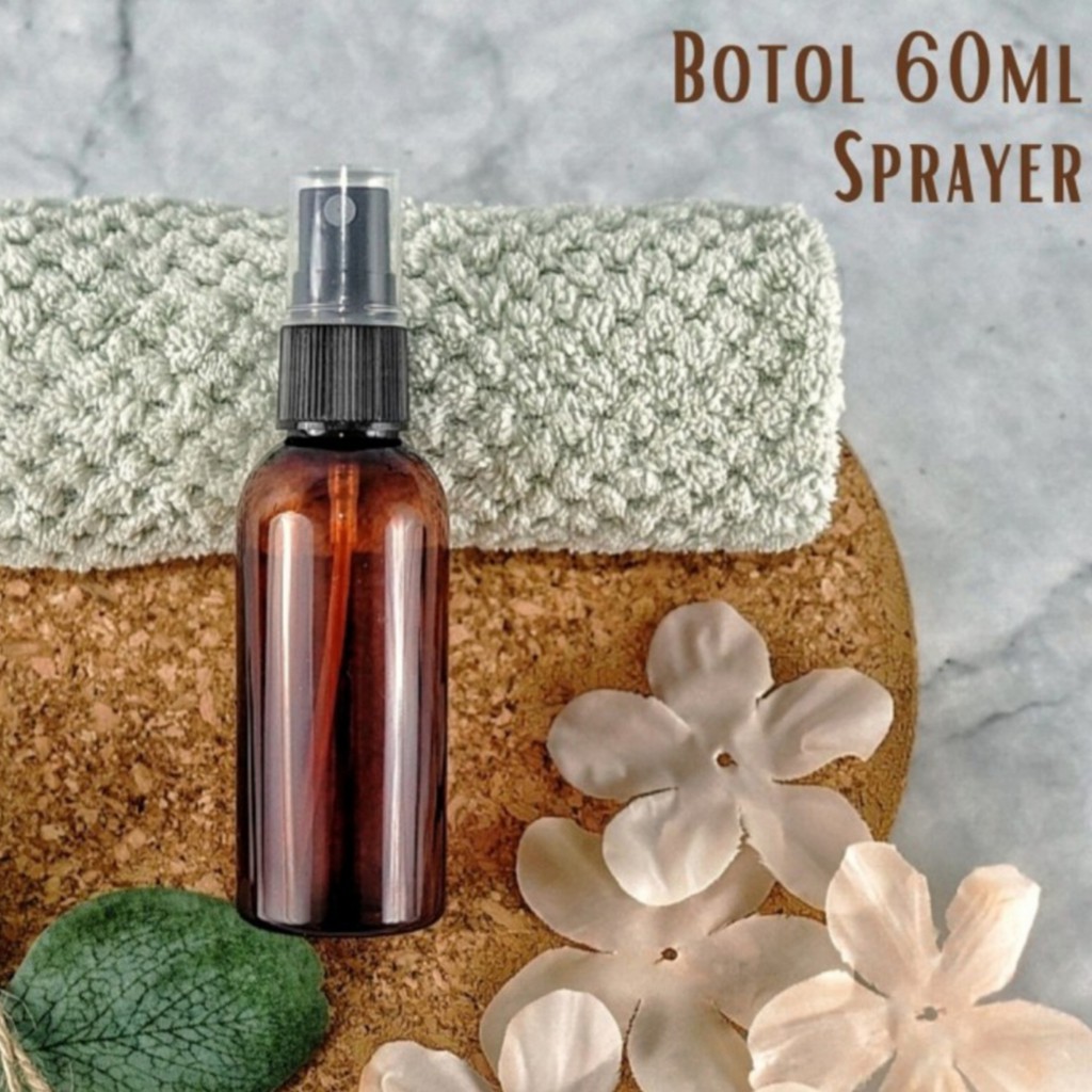 BOTOL PET BR 60ML AMBER &amp; SPRAYER HITAM / BOTOL SPRAY 60ML COKLAT AMBER