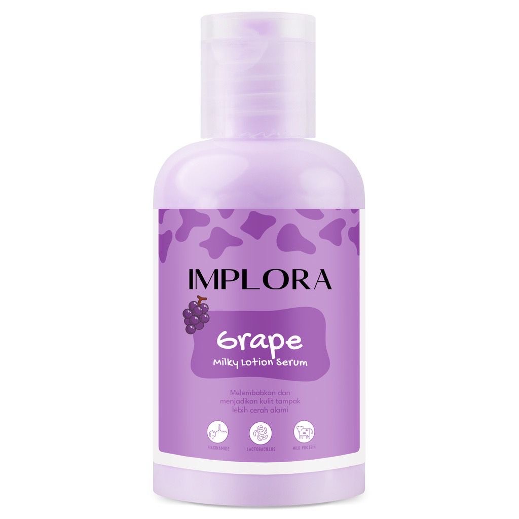 IMPLORA Milky Lotion Serum 60ml Indonesia / Almond Banana Blueberry Cherry Coconut Grape Melon Strawberry / Niacinamide Lactobacillus Milk Protein / Melembabkan Mencerahkan / Skincare Body Care Cream Butter Perawatan Treatment Kulit Tubuh Susu Paket 100ml