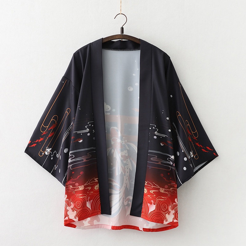 Street Cardigan Kimono Pria / Wanita Motif Kartun Anime Jepang Harajuku Kimono Longgar Warna Hitam