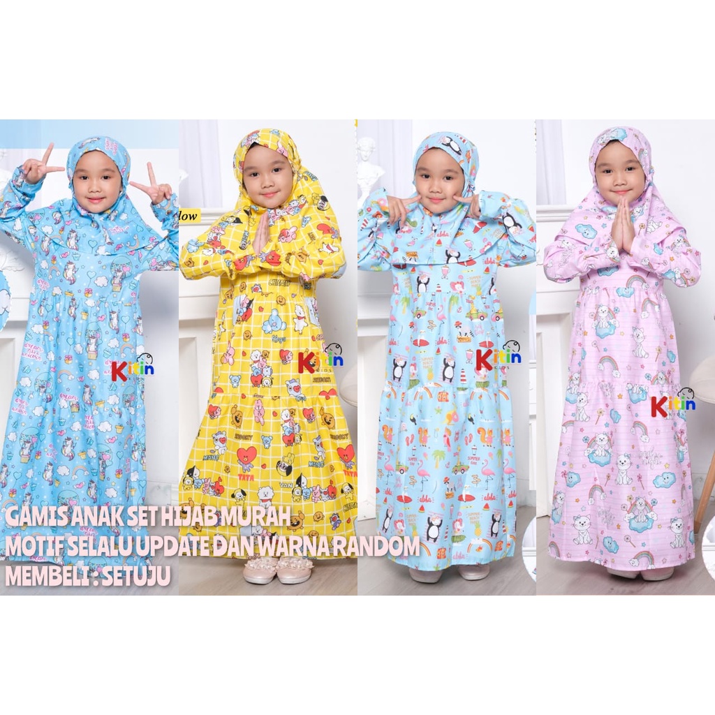 MS - GAMIS ANAK SET HIJAB 2-12 TAHUN/ BAJU MUSLIM NGAJI ANAK PEREMPUAN MOTIF BTS BT21 UNICORN KUCING