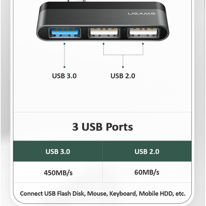 USAMS Type C Mini HUB SJ461 Type C to 3 USB Port/SJ462 Type C to USB 3.0+ Audio Video Port