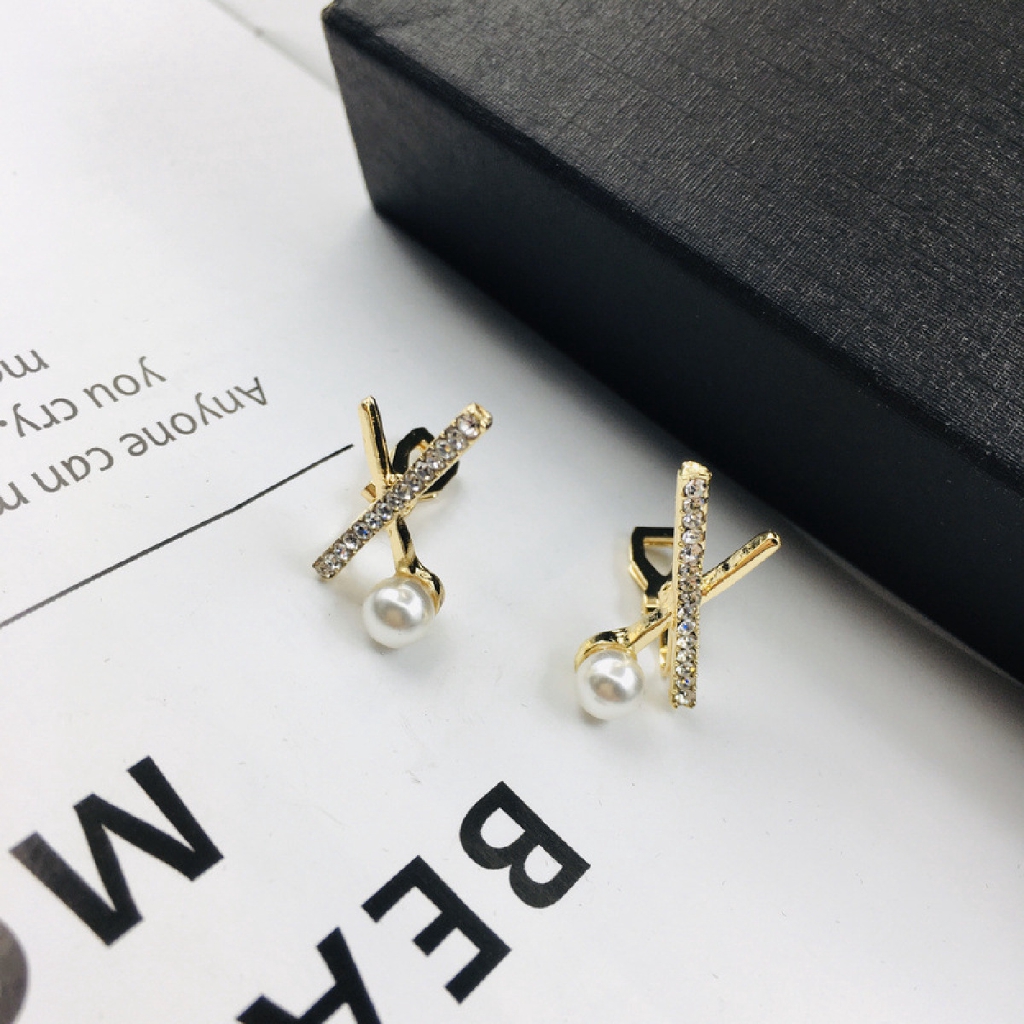 Anting Klip Tanpa Tindik Lapis Emas / Silver Model Silang Dengan Mutiara Imitasi Untuk Wanita