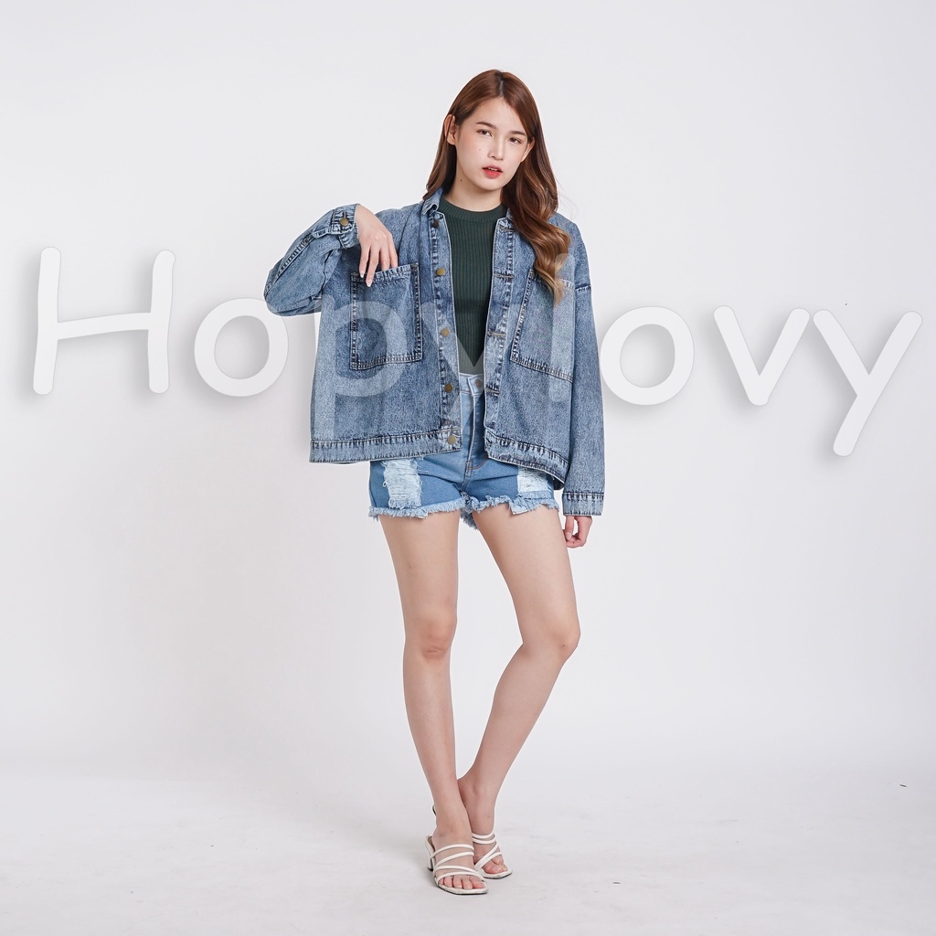 HOPYLOVY Jaket Jeans Wanita Oversize Kantong Besar Snow Acid Malorie