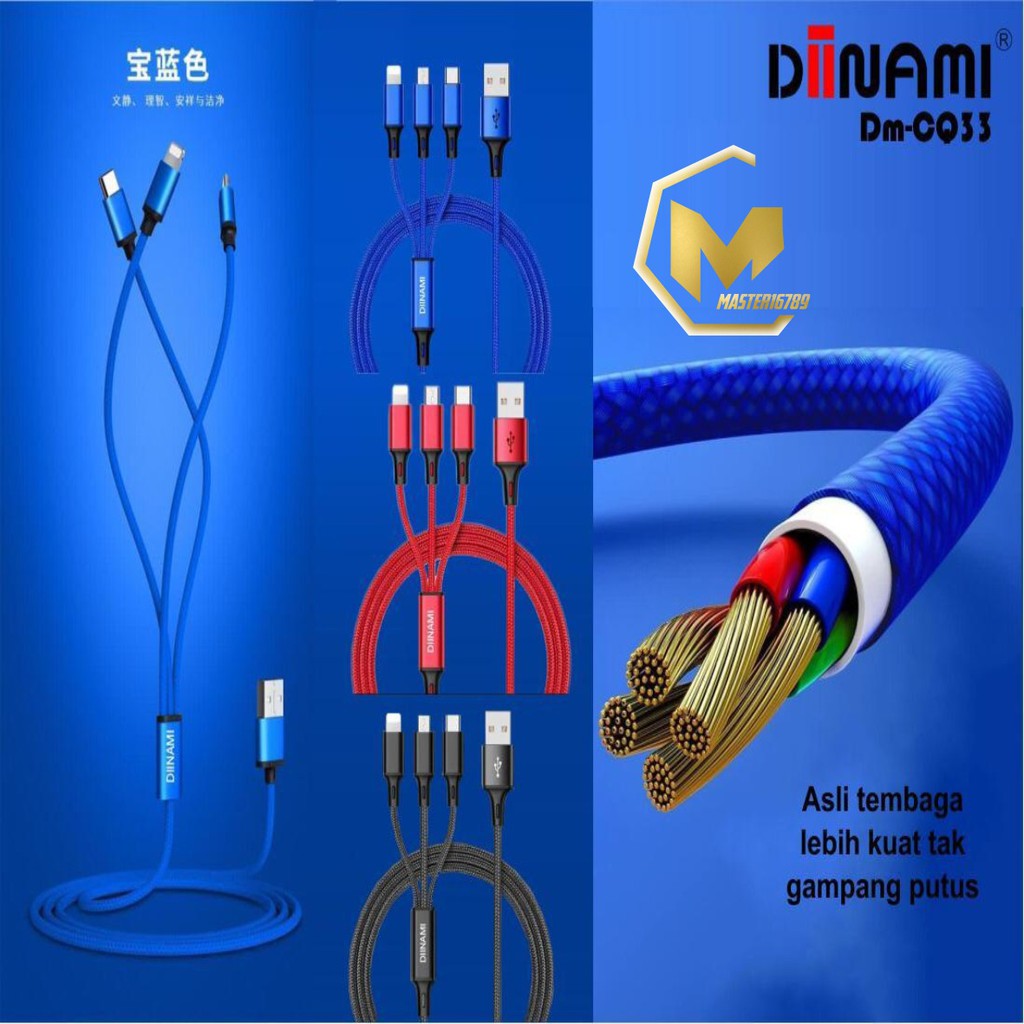 Kabel data diinami QC33 3in1 Micro+ligthing+tipe c 2.4A 1.2M original MA157