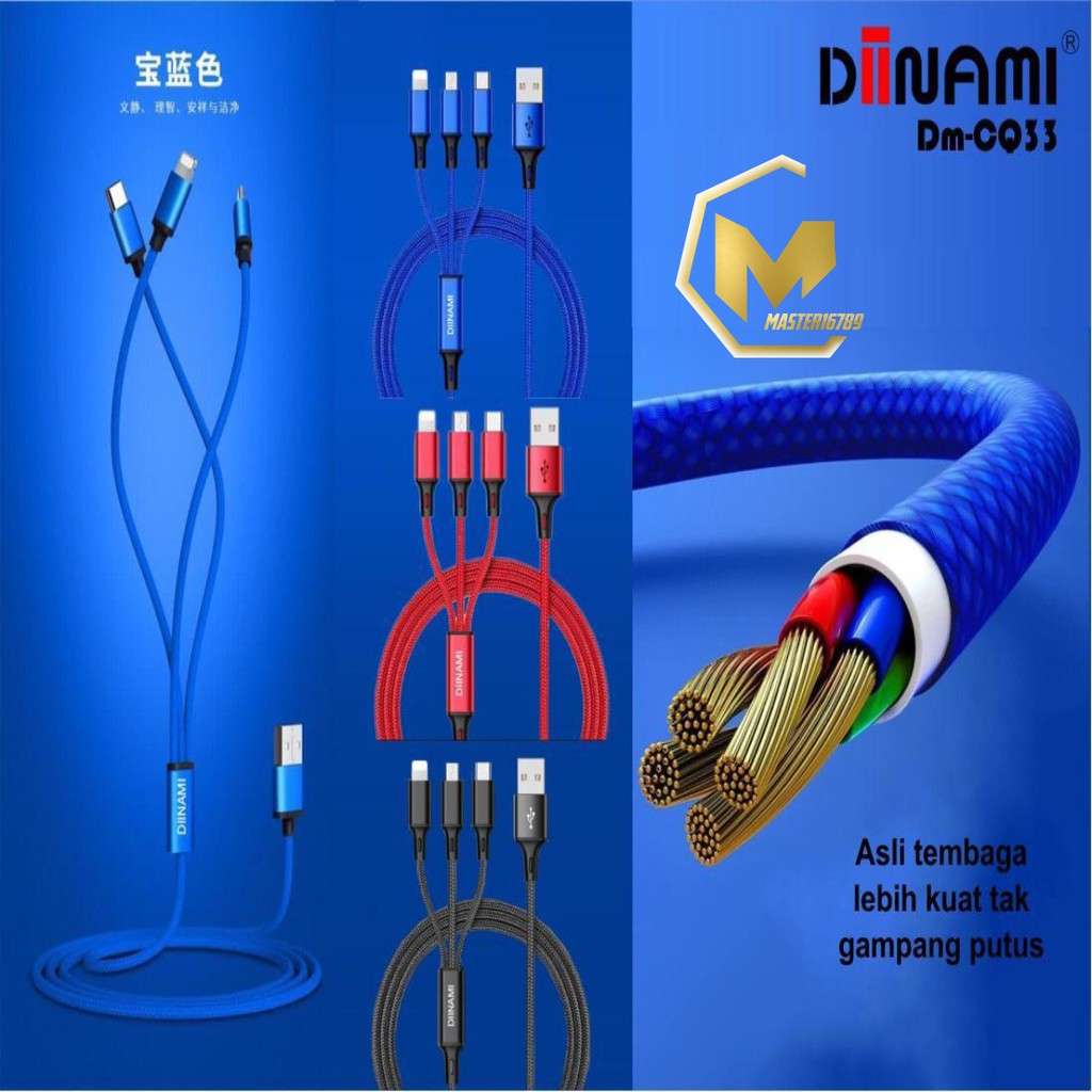 Kabel data diinami QC33 3in1 Micro+ligthing+tipe c 2.4A 1.2M original MA157