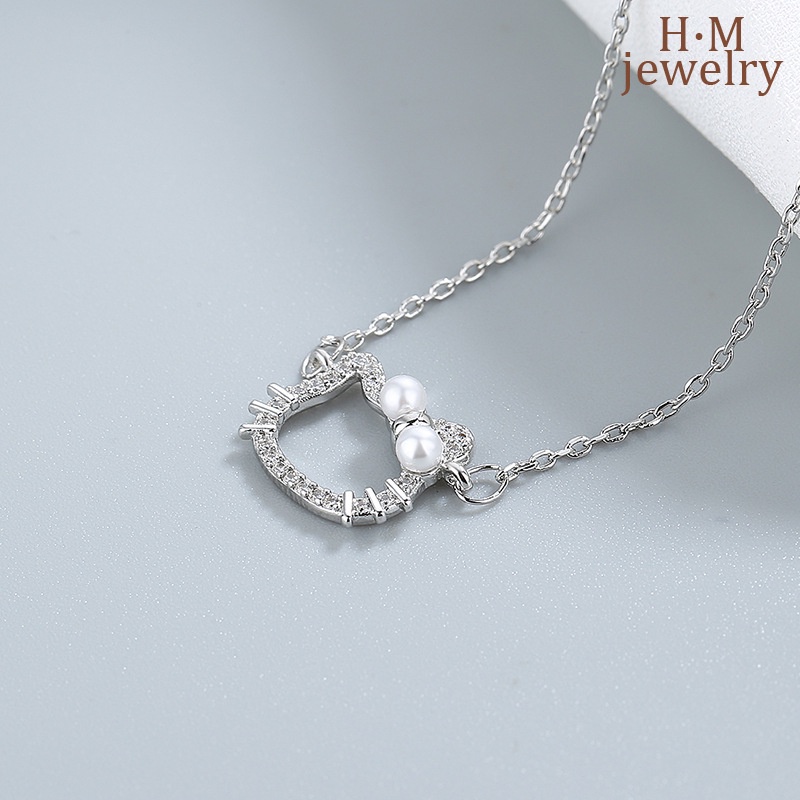 Liontin Kalung Bentuk Kepala Kucing Lucu Elegan Dengan Mutiara