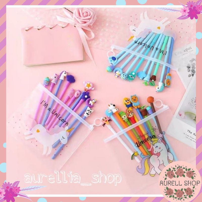 

(COD)10 PULPEN GEL MOTIF FREE TEMPAT PENSIL TRANSPARAN UNICORN