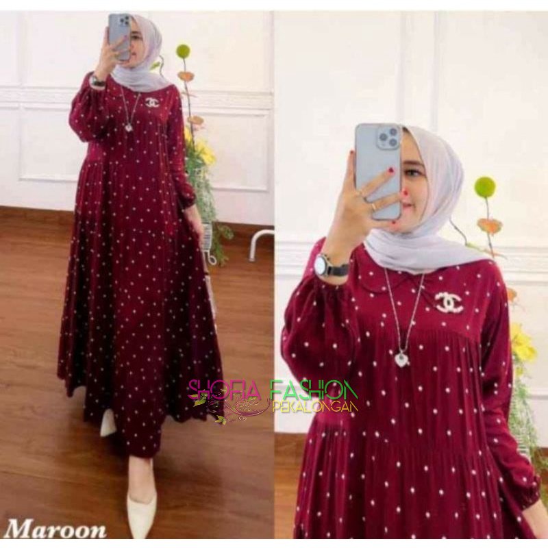 Pakaian Wanita Gamis midi Rayon Chanel Motif Polka Terbaru Free Bross