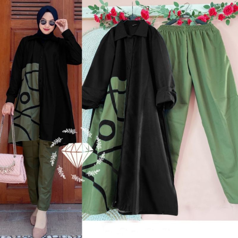 SET CELANA TUNIK MARION, MOSCREPE, GAMIS HIJAB MUSLIM, MAXY DRESS, SETELAN