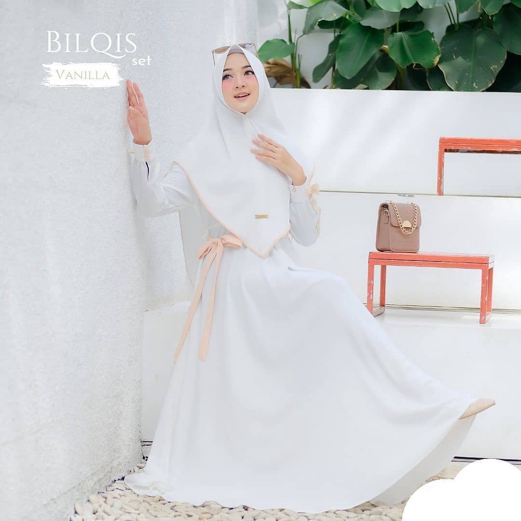 Gamis Syari Set Hijab Lebaran 2024 BILQIS SYARI CB BAHAN MOSSCREPE PREMIUM MIX RENDA DAPAT GAMIS / D