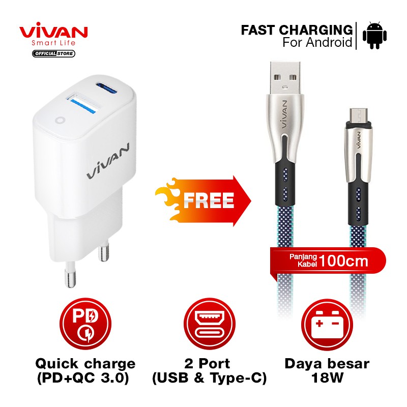 Charger Fast Charging VIVAN 2 Port USB QC3.0 &amp; Type-C (PD) 3A 18W Free Kabel USB Micro/iPhone/Type C