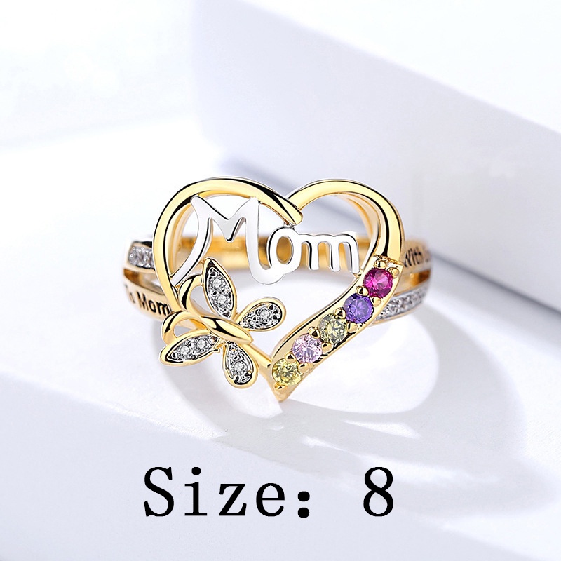 Cincin Emas 14k Desain Kupu-Kupu Hati Hollow Hias Berlian Untuk Hadiah Hari Ibu