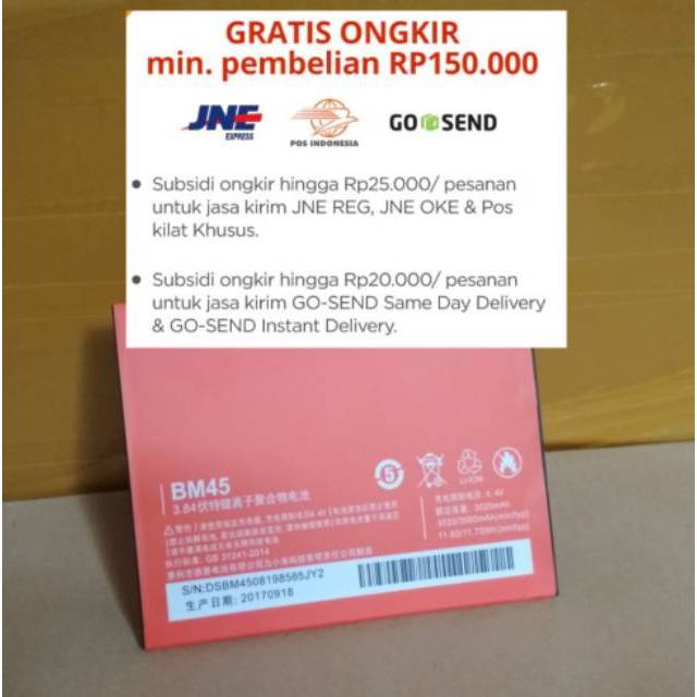 Baterai Original Redmi NOTE 2 NOTE2 BM45 BM 45 Battery Batre Battre Bat