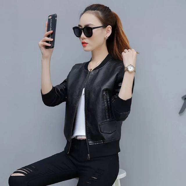Jaket wanita kulit semi pu sintetis kirim gugur