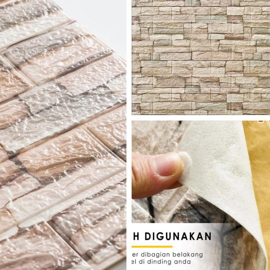 WALLPAPER 3D EMBOSSED STIKER DINDING MOTIF BATU ALAM CORAK CREAM / WALLFOAM TIMBUL 70x77cm-1