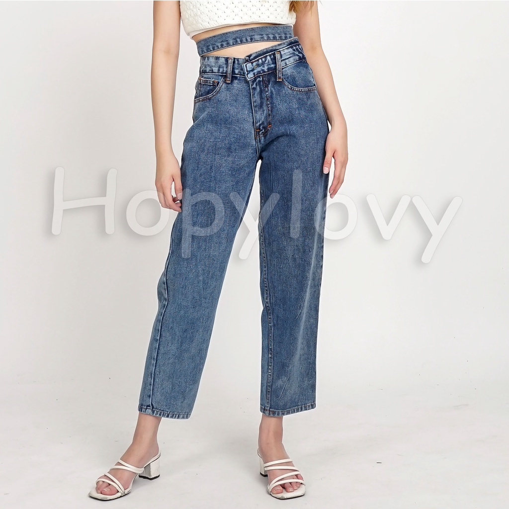 HOPYLOVY Celana Boyfriend Loose Jeans Wanita Pinggang Tali Double BF Highwaist Aneta