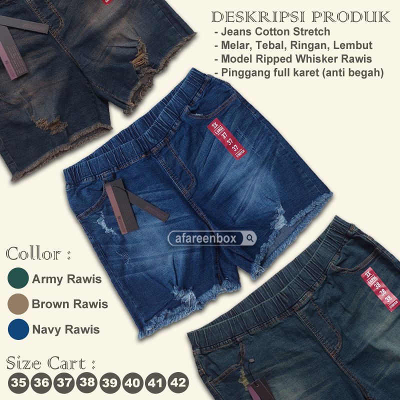 AFAREEN - Celana pendek jeans wanita jumbo hotpants jeans ripped sobek rawis rumbai 2/3 melar Celana Korea pinggang karet stretch Big size 35-42