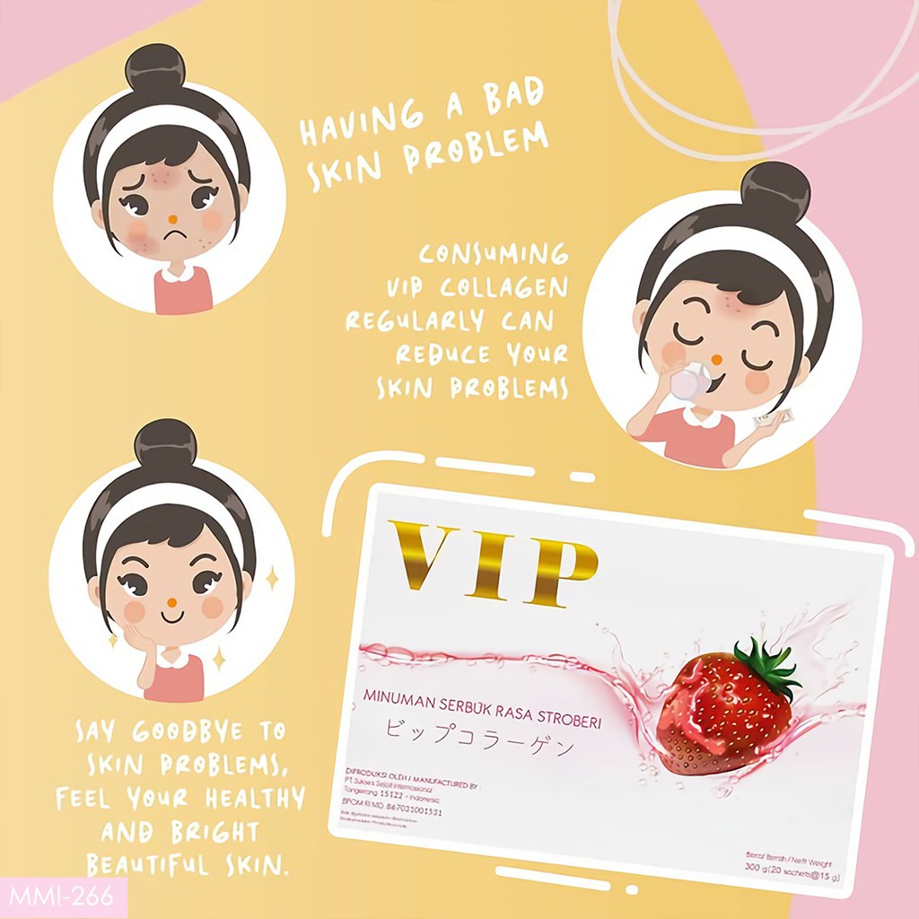 VIP COLLAGEN BUBUK MINUMAN SERBUK RASA STRAWBERRY POWDER DRINK PERAWATAN KULIT ORIGINAL BPOM