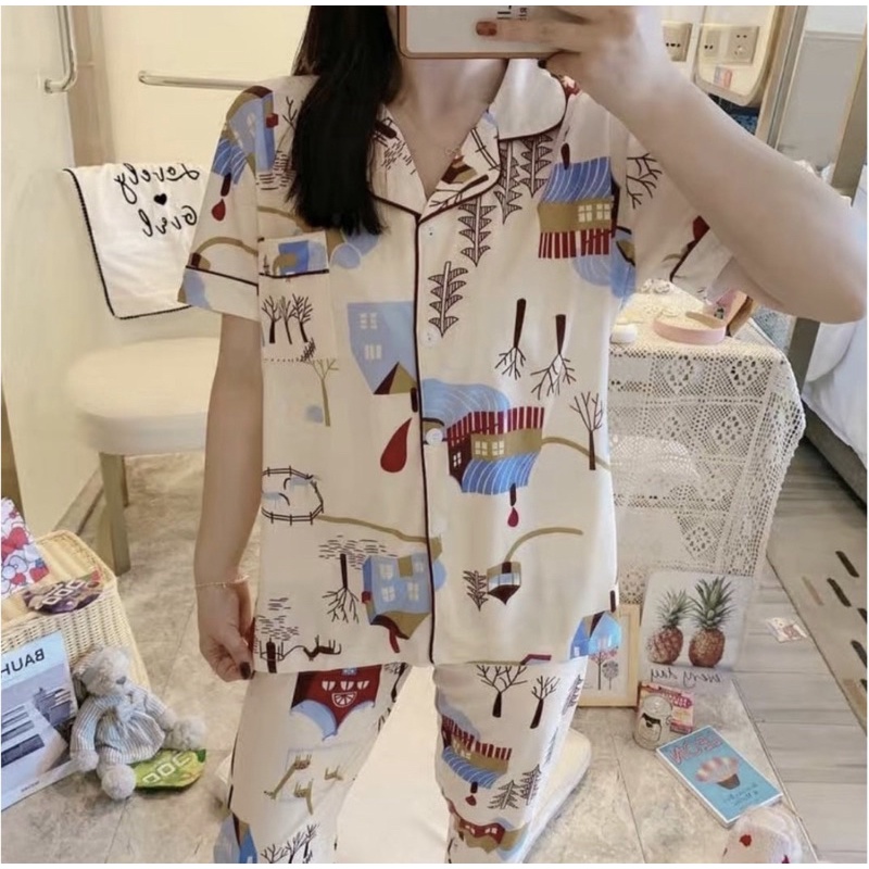 PIYAMA KAOS SPANDEX MOTIF KANCING KRAH IMPORT SETELAN CELANA PANJANG CUTE NEW ARRIVAL REMAJA DEWASA