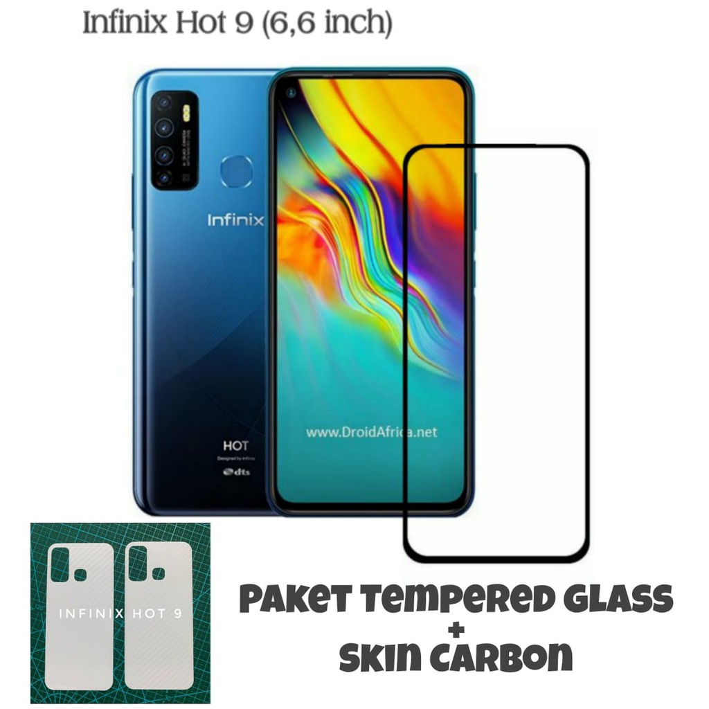 Tempered Glass INFINIX HOT 9 Paket Back Skin Carbon Handphone Garskin Transparant