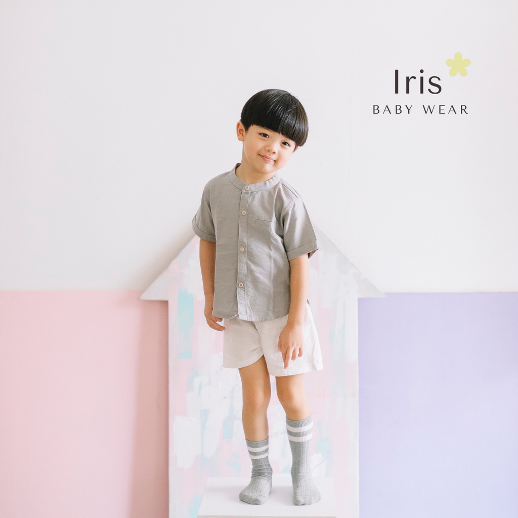 Iris Baby Wear - Atasan Kemeja Koko Anak Bayi Laki Laki Kemko Abu Muda Grey Polos Linen 1 Tahun Baju